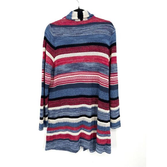 J. JILL Red White Blue Linen Knit Stripe Button Up Long Cardigan Sweater Medium - Picture 2 of 6
